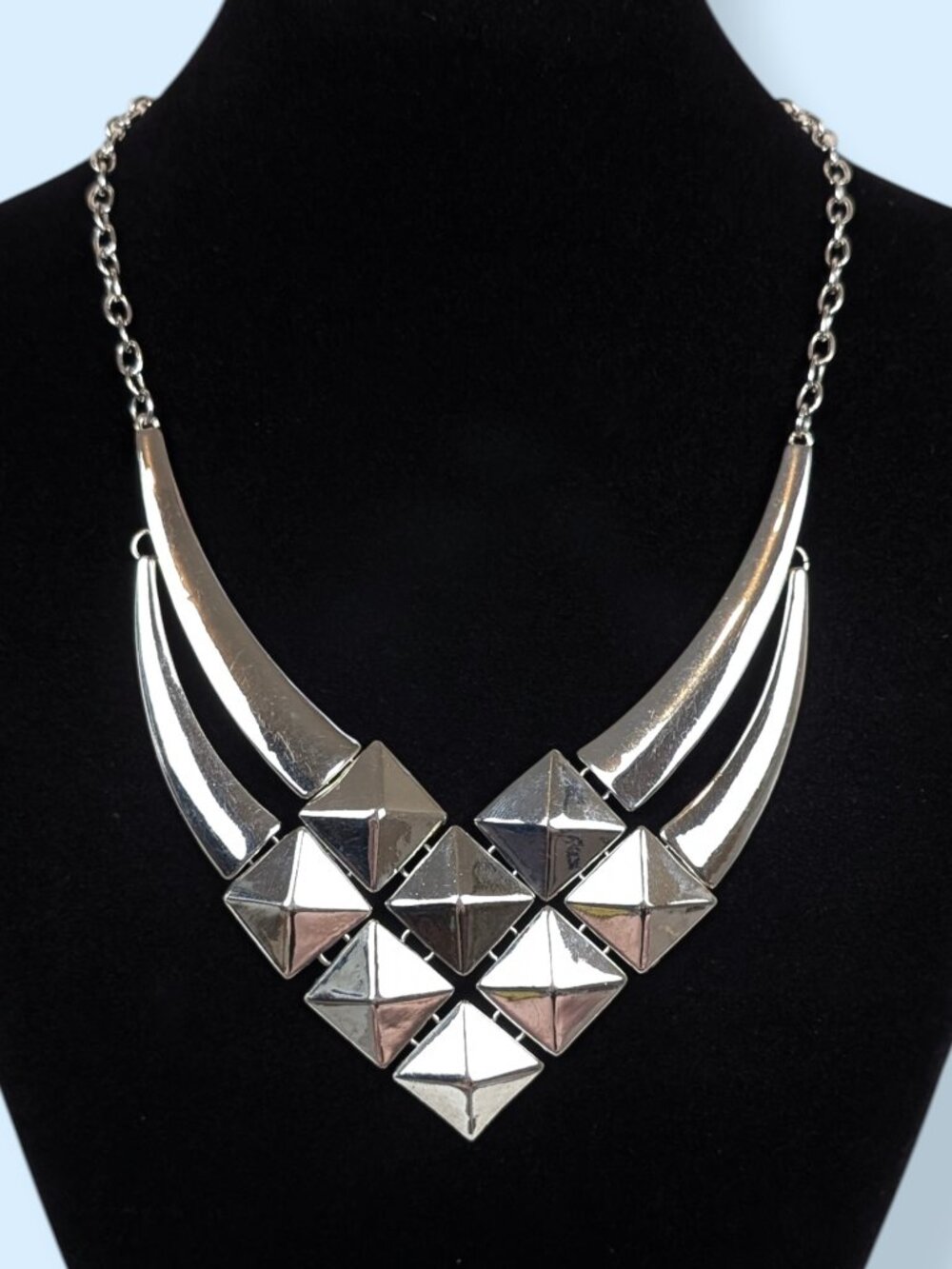 Silver Tone Metal Panel Statement Bib Necklace